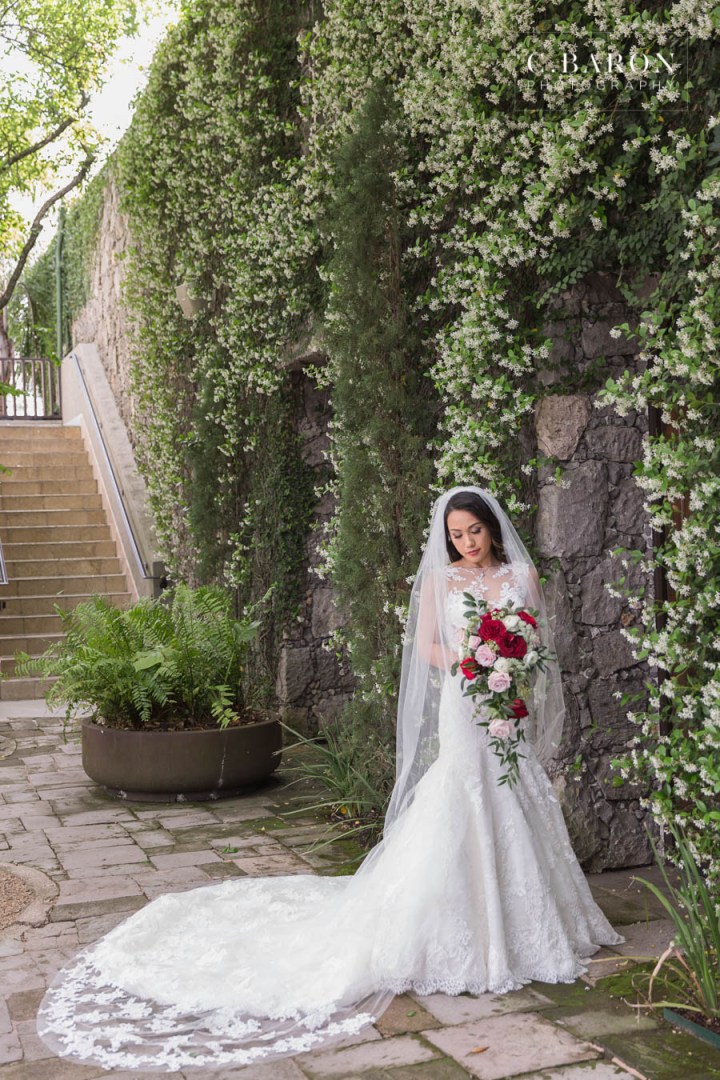 Bell Tower on 34th; Bridals; C. Baron Photography; Cascade Bouquet; Cathedral Veil; Formals; Houston wedding Photographer; Spring; red roses;